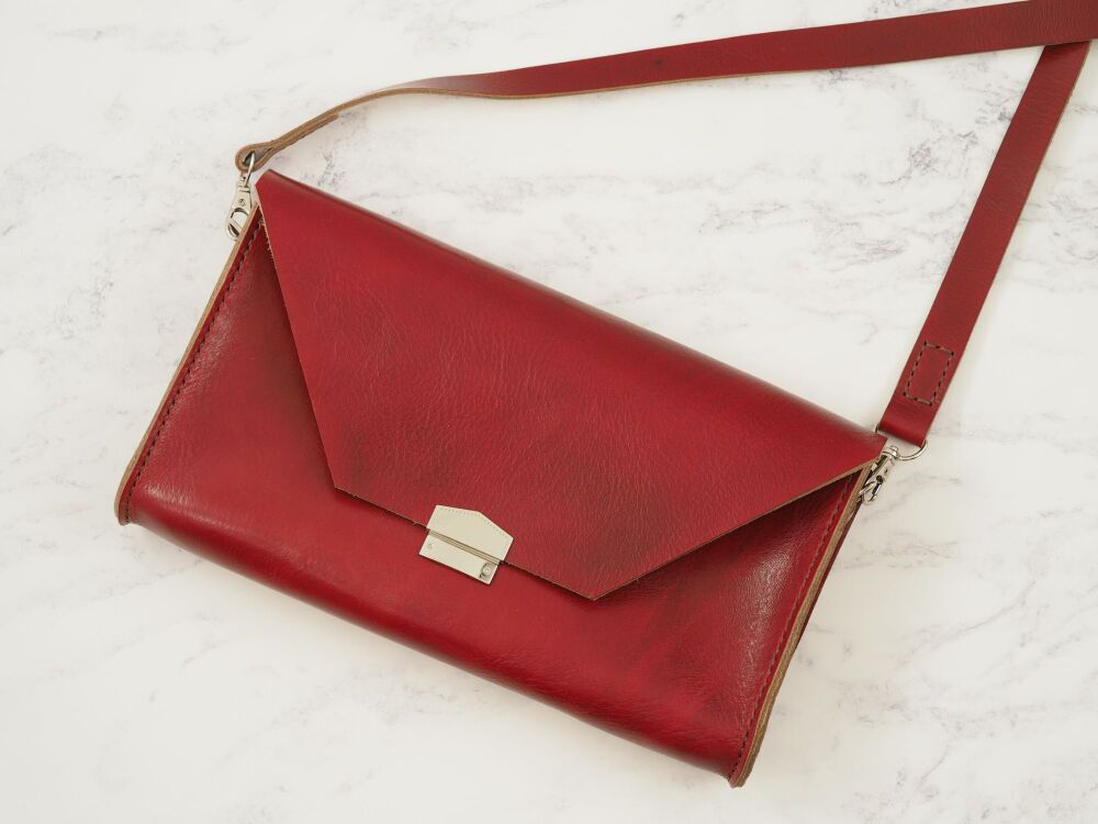 Genuine Hand Stitched Leather 'Chloe' Clutch Bag - Hand Dyed Oxblood Red