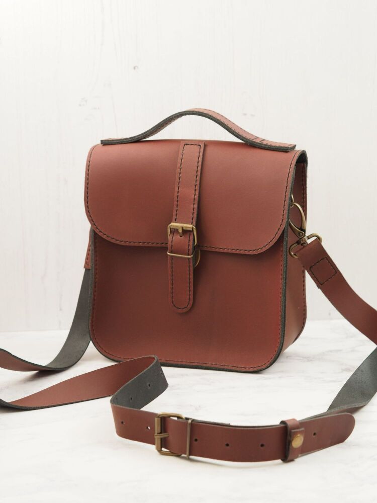 Genuine Hand Stitched Leather Messenger Bag - Thick Burgundy & Black - Slight Second