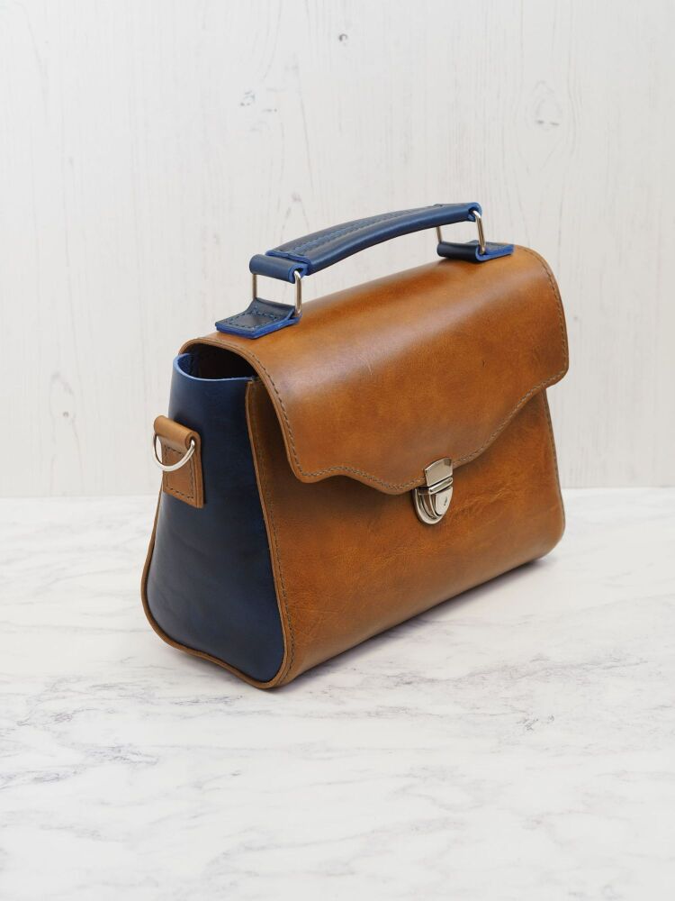 Genuine Hand Stitched Leather Jolie Bag - Hand Dyed Cara Colourway - Blue & Brown