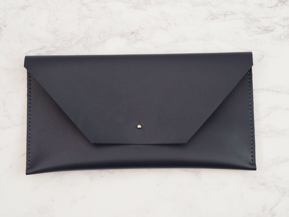 Genuine Hand Stitched Leather Clutch Bag - Thick Dark Blue