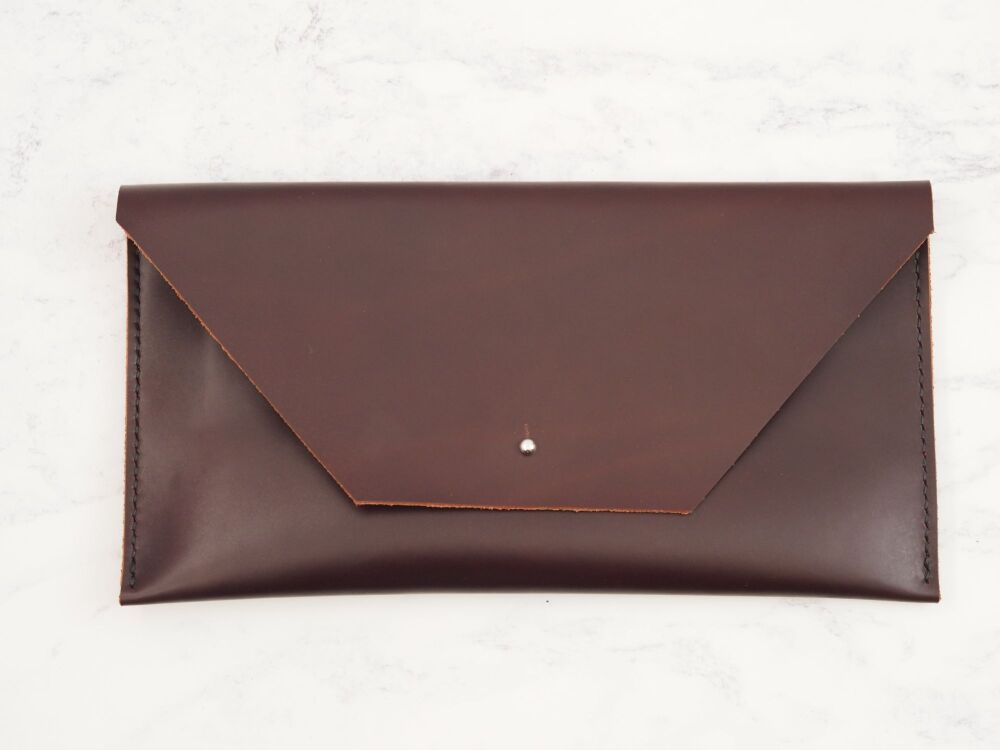 Genuine Hand Stitched Leather Clutch Bag - Burgundy