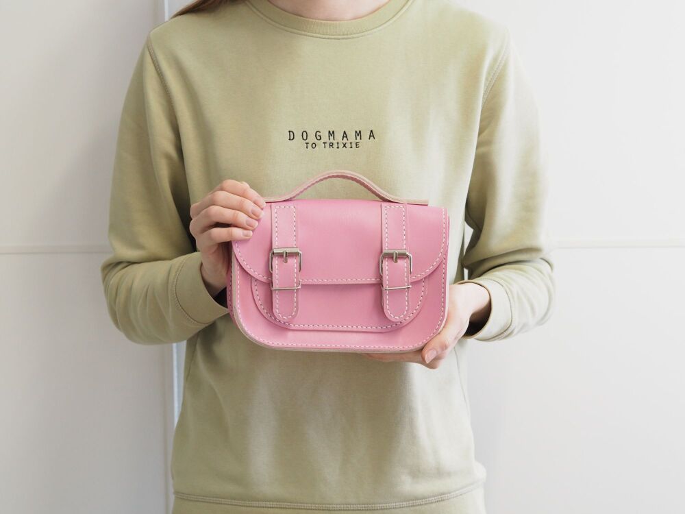 Genuine Hand Stitched Mini Leather Satchel - Hand Dyed Pink