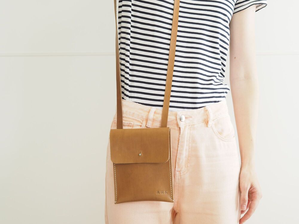Genuine Hand Stitched Leather Sling Bag - Tan Brown & Cream - Personalised