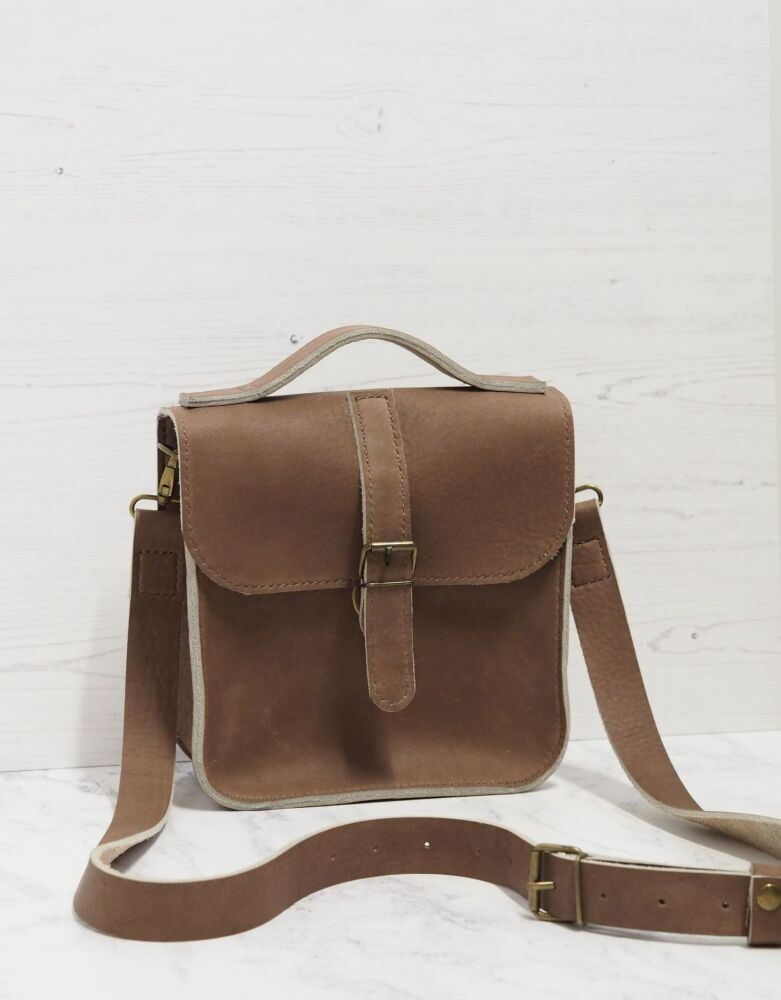 Genuine Hand Stitched Leather Messenger Bag - Dusty Brown