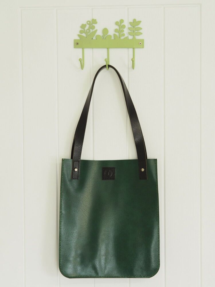 Genuine Hand Stitched Leather Tote Bag - Textured Green & Black