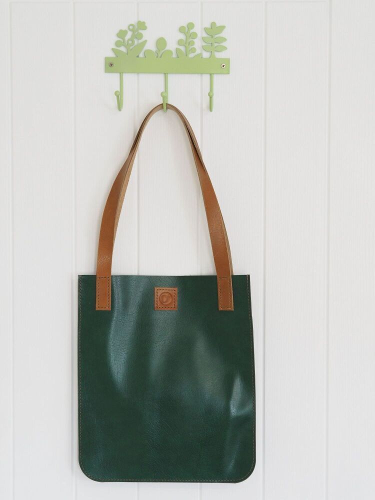 Genuine Hand Stitched Leather Tote Bag - Textured Green & Tan Brown