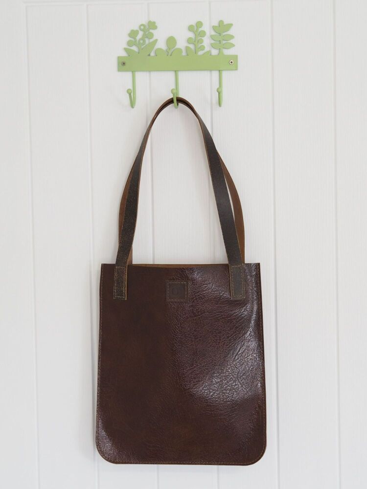 Genuine Hand Stitched Leather Tote Bag - Textured Dark Brown