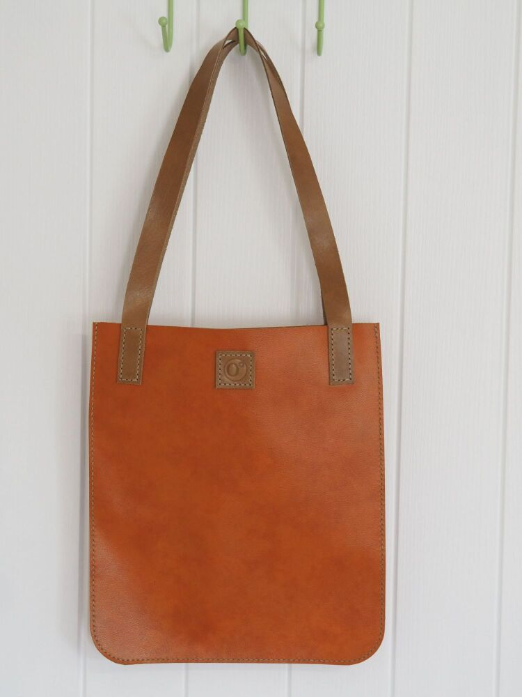 Genuine Hand Stitched Leather Tote Bag - Textured Orange & Tan Brown