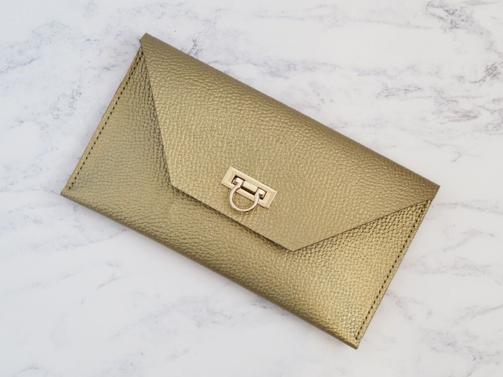 Hand Stitched Leather Clutch Bag Textured Gold