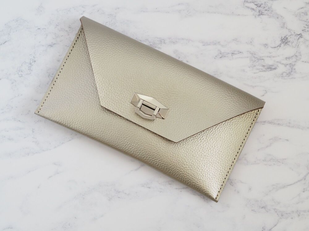 Hand Stitched Leather Clutch Bag - Textured Silver