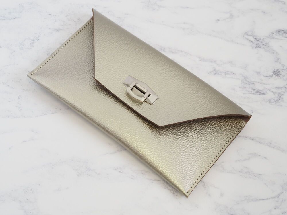 Hand Stitched Leather Clutch Bag - Textured Silver - Made to Order