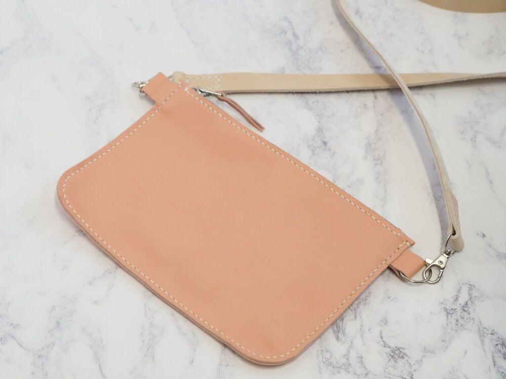 Genuine Hand Stitched Leather Zip Bag - Peach