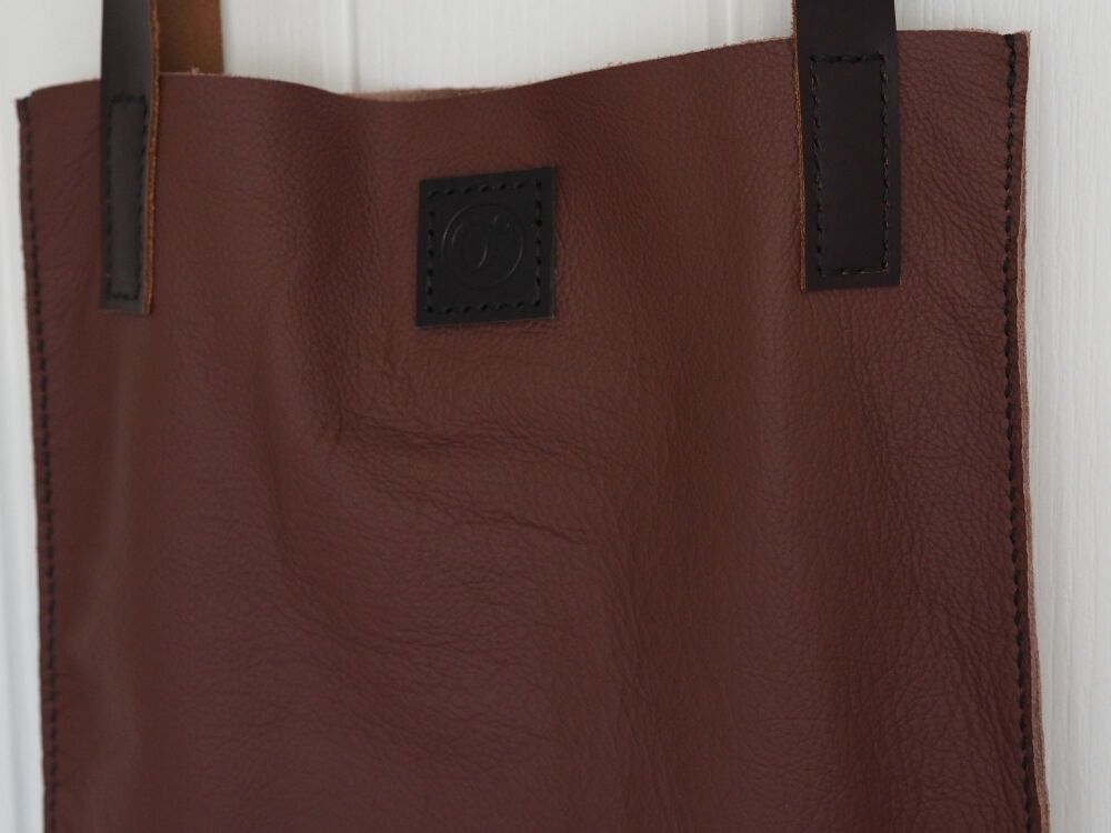 Genuine Hand Stitched Leather Tote Bag - Burgundy