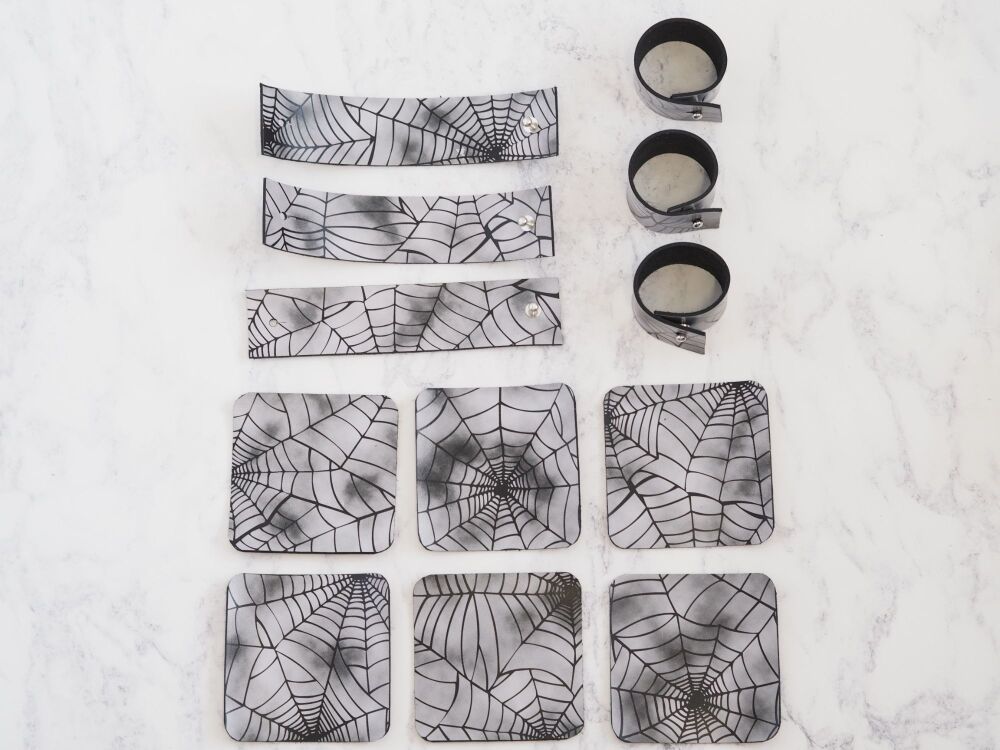 Handmade Leather Napkin Rings & Coaster Set - Spider Web Halloween Style