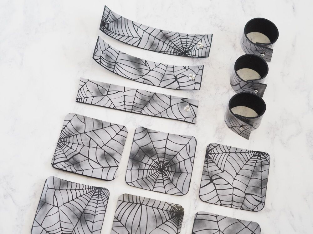Handmade Leather Napkin Rings & Coaster Set - Spider Web Halloween Style