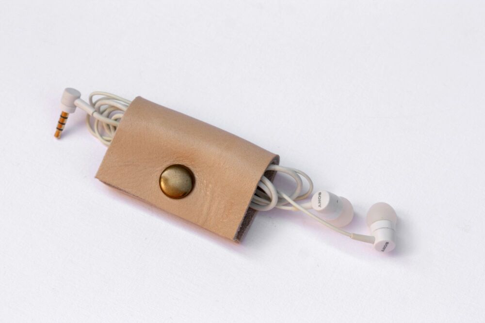 Genuine Handmade Leather Cable Tidy - Thick Tan Brown & Cream