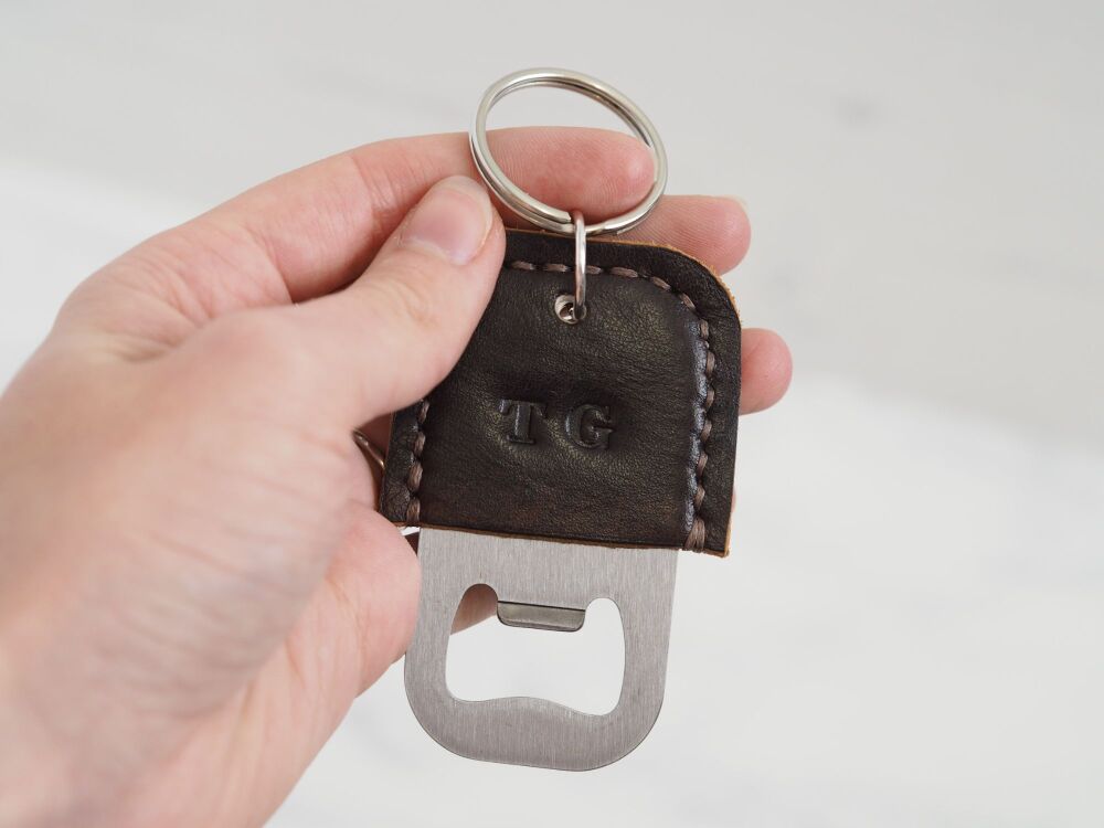 Handmade Leather Personalised Bottle Opener Key Ring - Multiple Colours