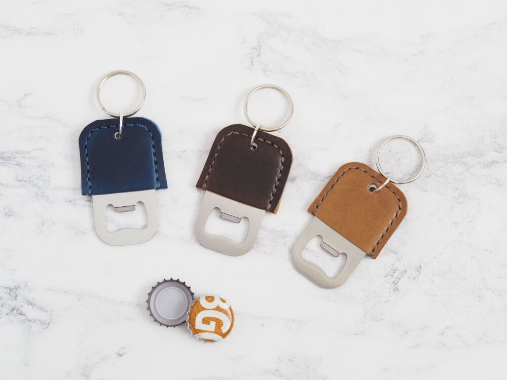 Handmade Leather Personalised Bottle Opener Key Ring - Multiple Colours