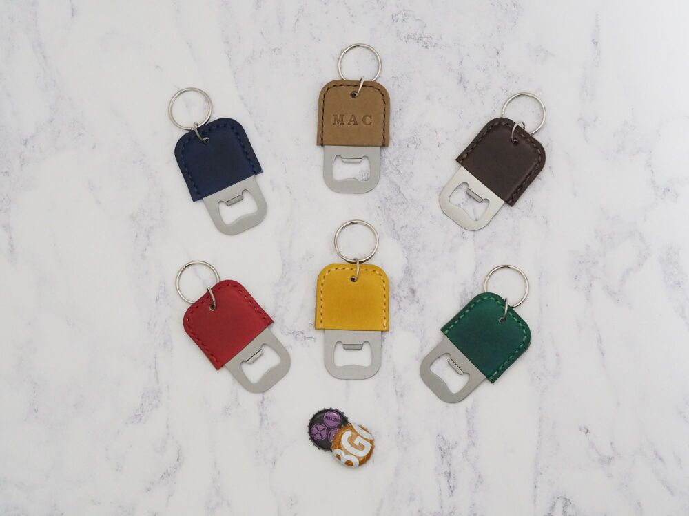 Handmade Leather Personalised Bottle Opener Key Ring - Multiple Colours