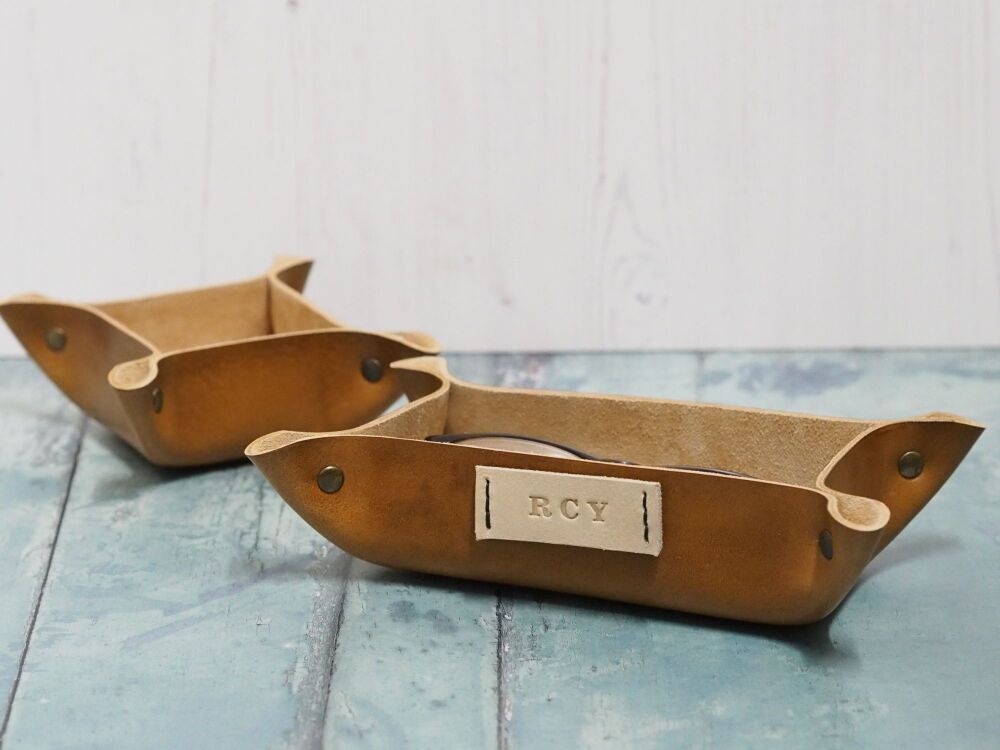 Genuine Handmade Leather Coin / Valet Tray - Small Rectangle - Hand Dyed Tan Brown & Natural Cream