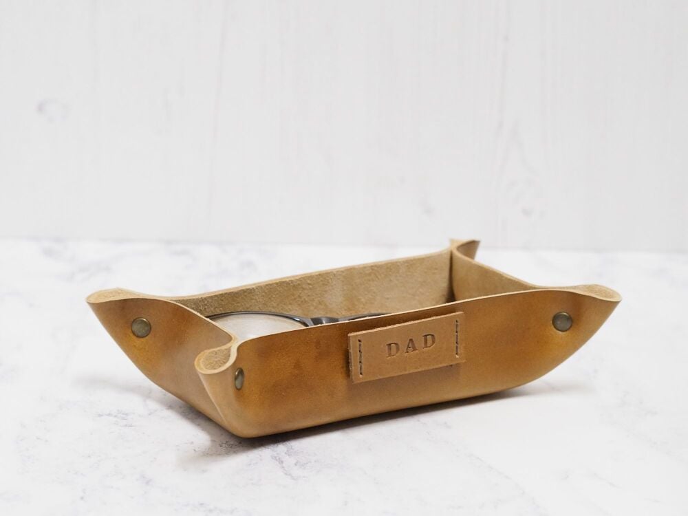 Genuine Handmade Leather Coin / Valet Tray - Small Rectangle - Hand Dyed Tan Brown & Natural Cream