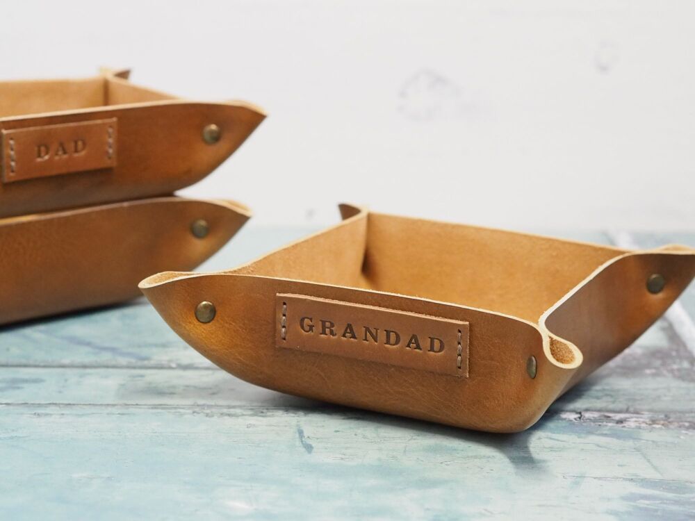 Genuine Handmade Hand Dyed Tan Brown Leather Coin / Valet Tray - Personalised Gift