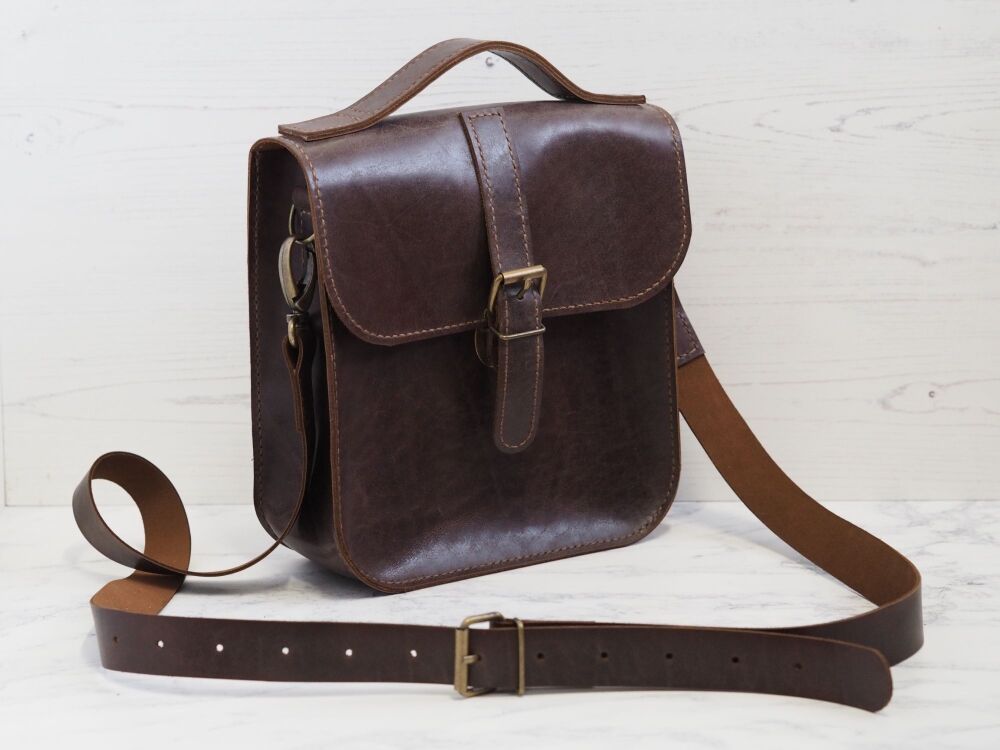 Genuine Hand Stitched Leather Messenger Bag - Waxy Rustic Dark Brown