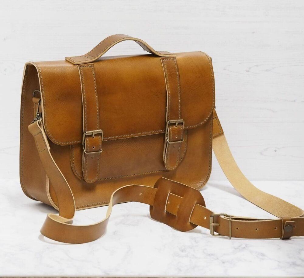 Genuine Hand Stitched Leather Satchel XL - Hand Dyed Tan Brown