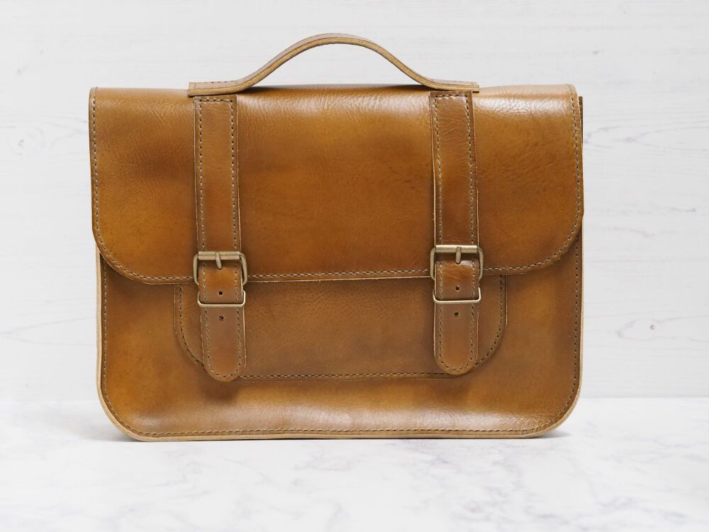 Genuine Hand Stitched Leather Satchel XL - Hand Dyed Tan Brown