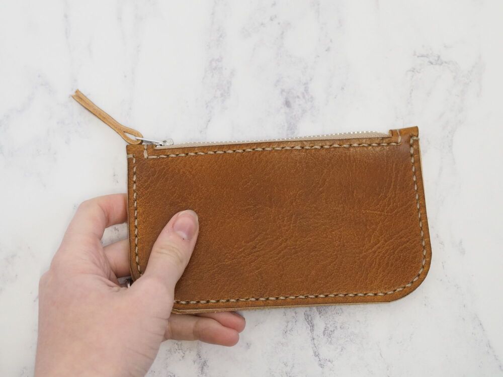 Genuine Hand Stitched Leather Zip Purse - Thick Tan Brown & Cream