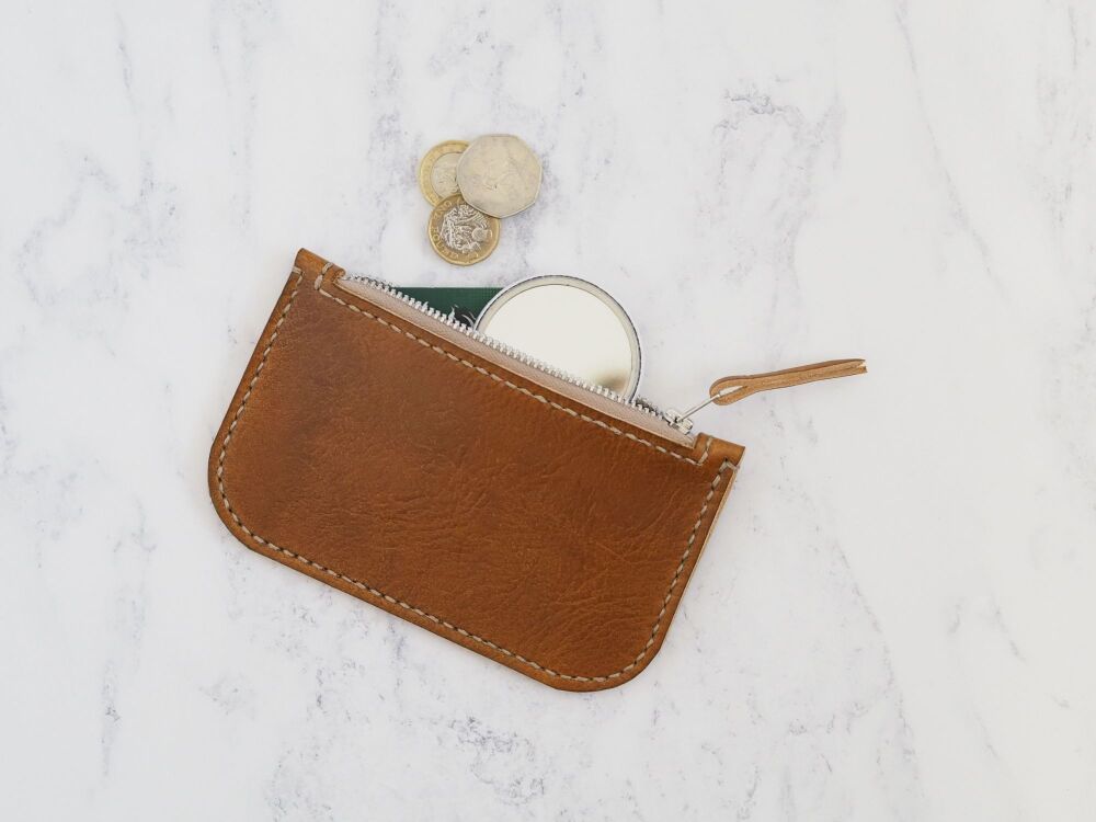 Genuine Hand Stitched Leather Zip Purse - Thick Tan Brown & Cream