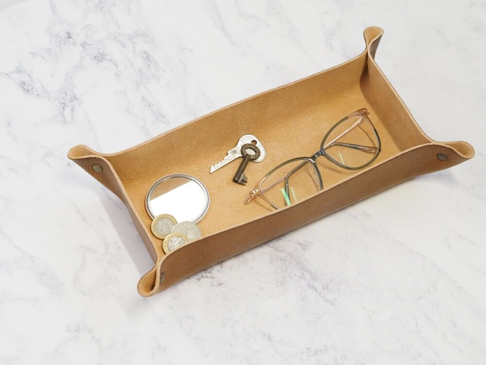 Genuine Handmade Hand Dyed Tan Brown Leather Coin / Valet Tray - Large Rectangle - Personalised Gift