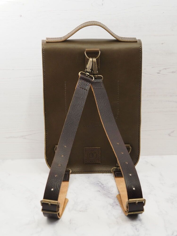 Genuine Hand Stitched Leather Backpack - Olive Brown Green