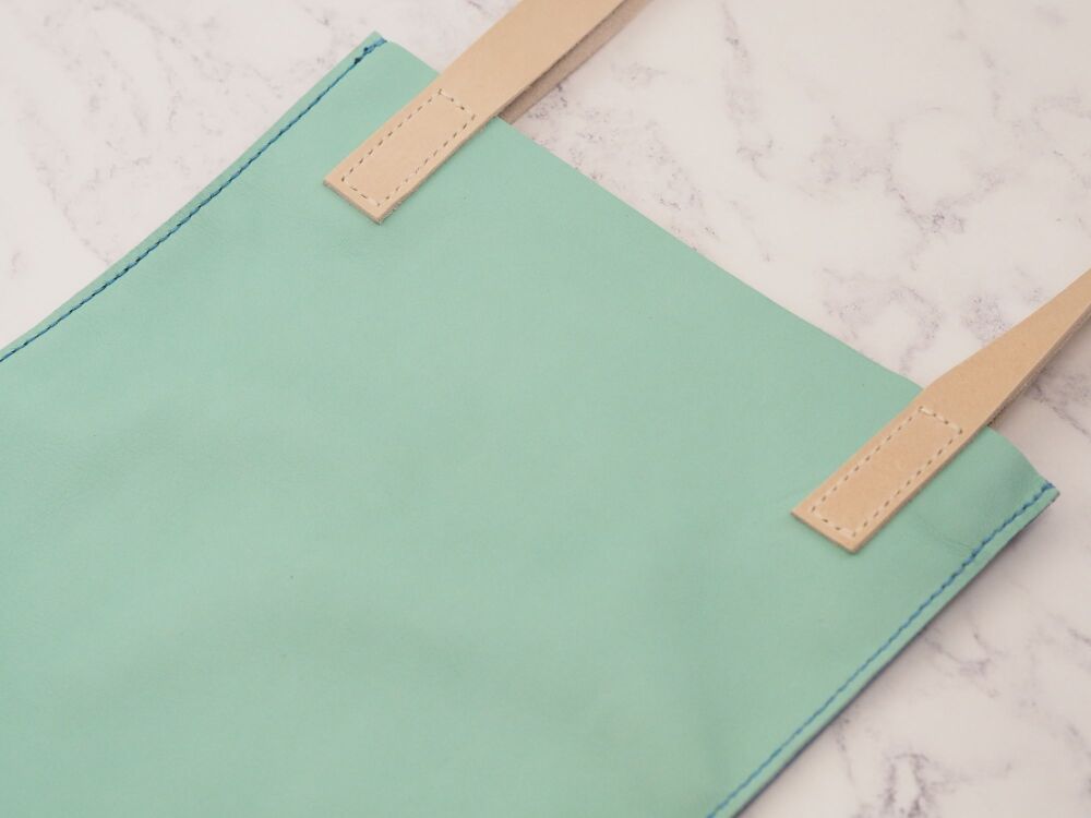 Genuine Hand Stitched Leather Tote Bag - Blue and Mint