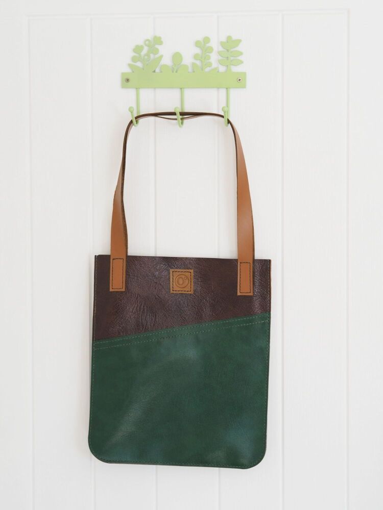 Genuine Hand Stitched Leather Tote Bag - Textured Green, Brown & London Tan