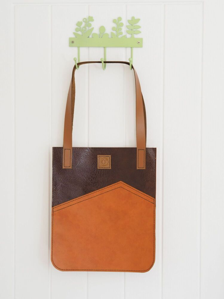 Genuine Hand Stitched Leather Tote Bag - Textured Orange Peak, Dark Brown & London Tan