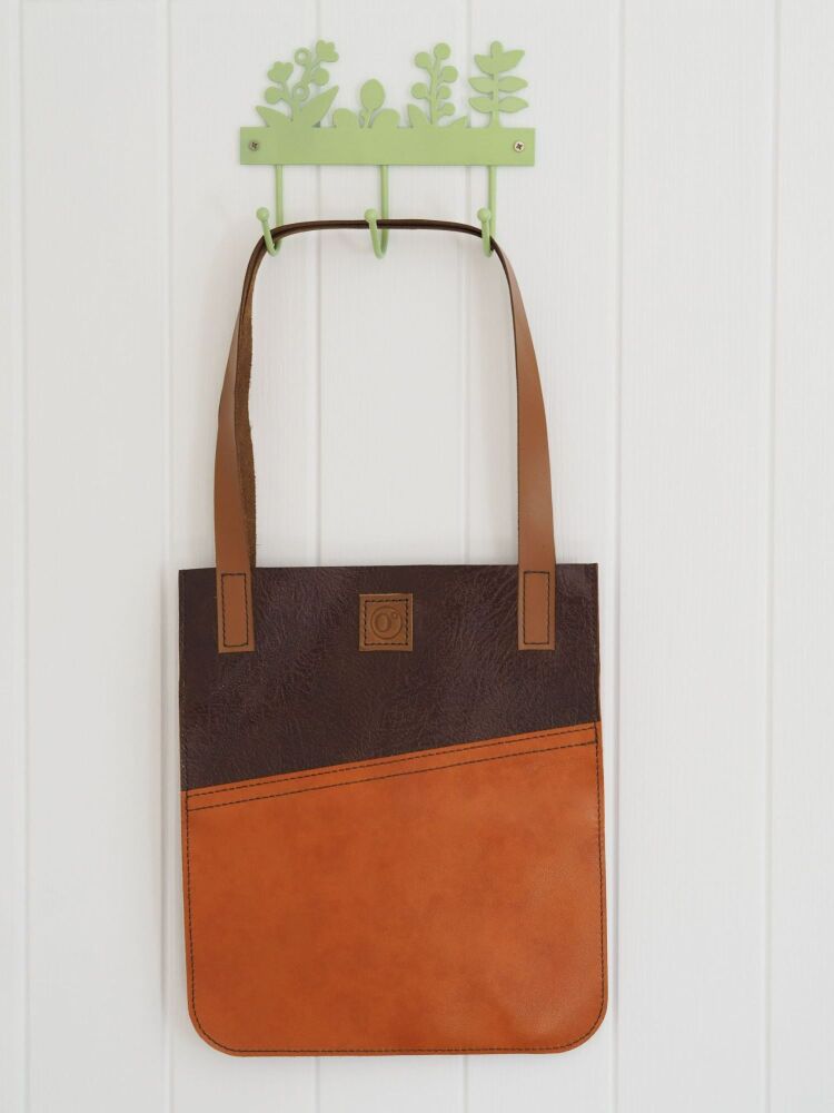 Genuine Hand Stitched Leather Tote Bag - Textured Orange, Dark Brown Slice & London Tan