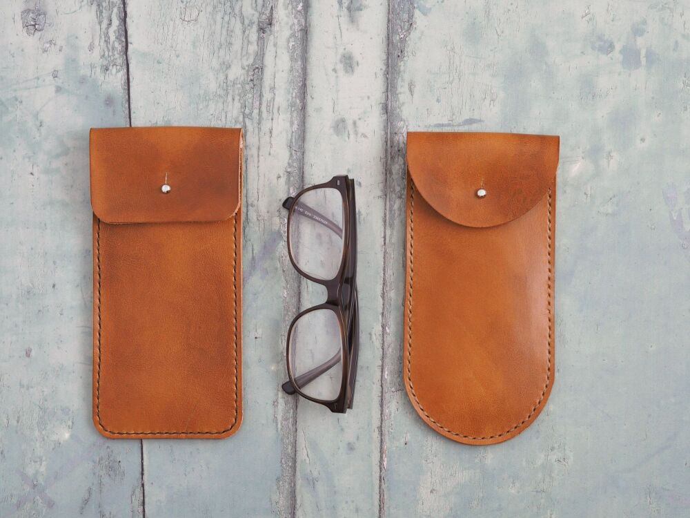 Genuine Leather Glasses Sleeve - Tan & Cream - Flat Rectangular or Rounded Style