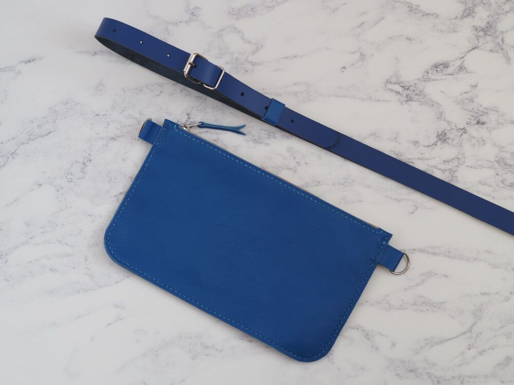 Genuine Hand Stitched Leather Shoulder Zip Bag - Bold Blue