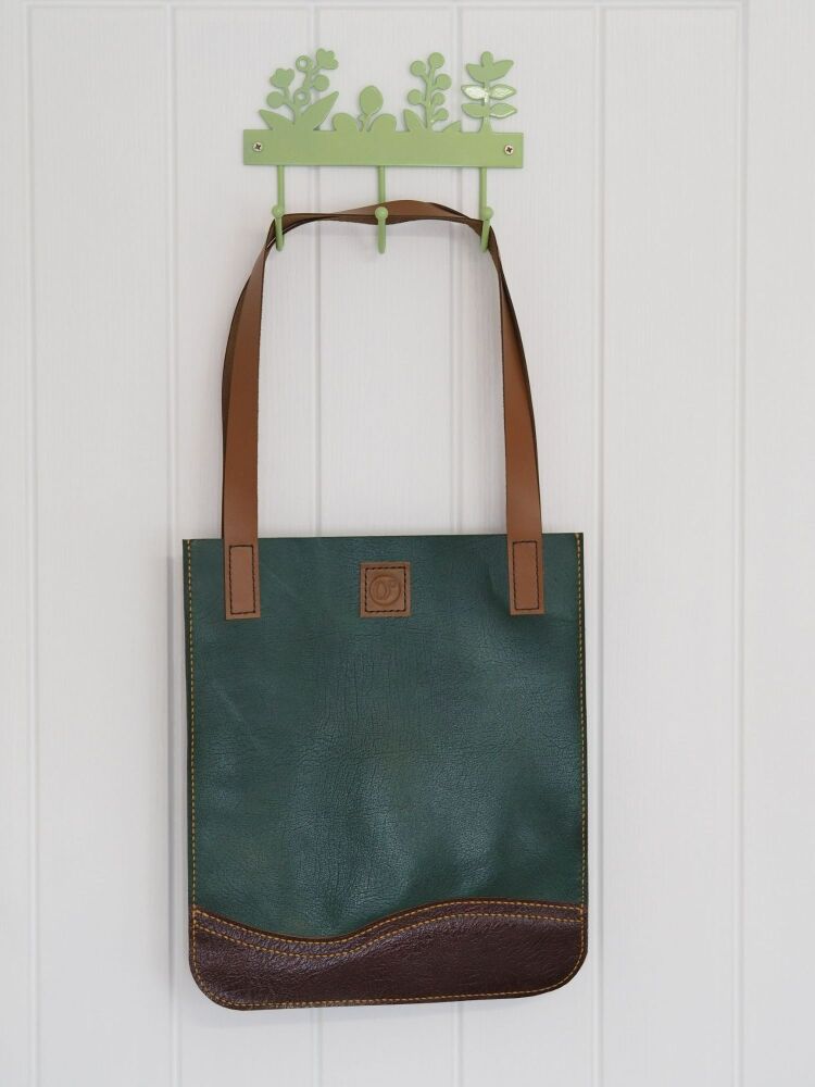Genuine Hand Stitched Leather Tote Bag - Textured Green, Brown & Orange Circle