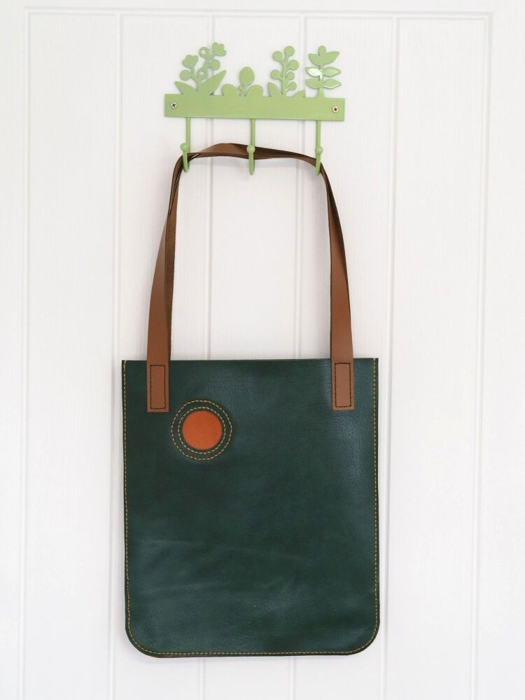 Genuine Hand Stitched Leather Tote Bag - Textured Green, Brown & Orange Circle