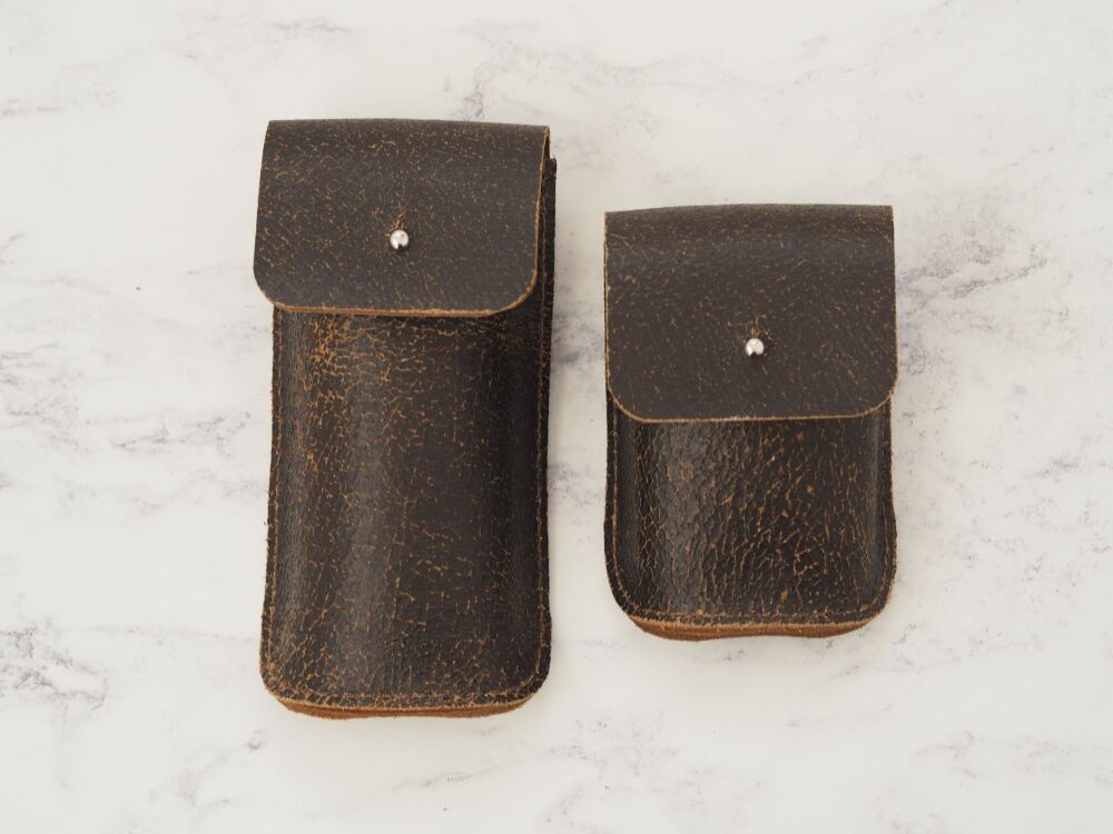 Genuine Leather 3D Glasses Sleeve & Playing Card Holder Set - Rustic Crackle