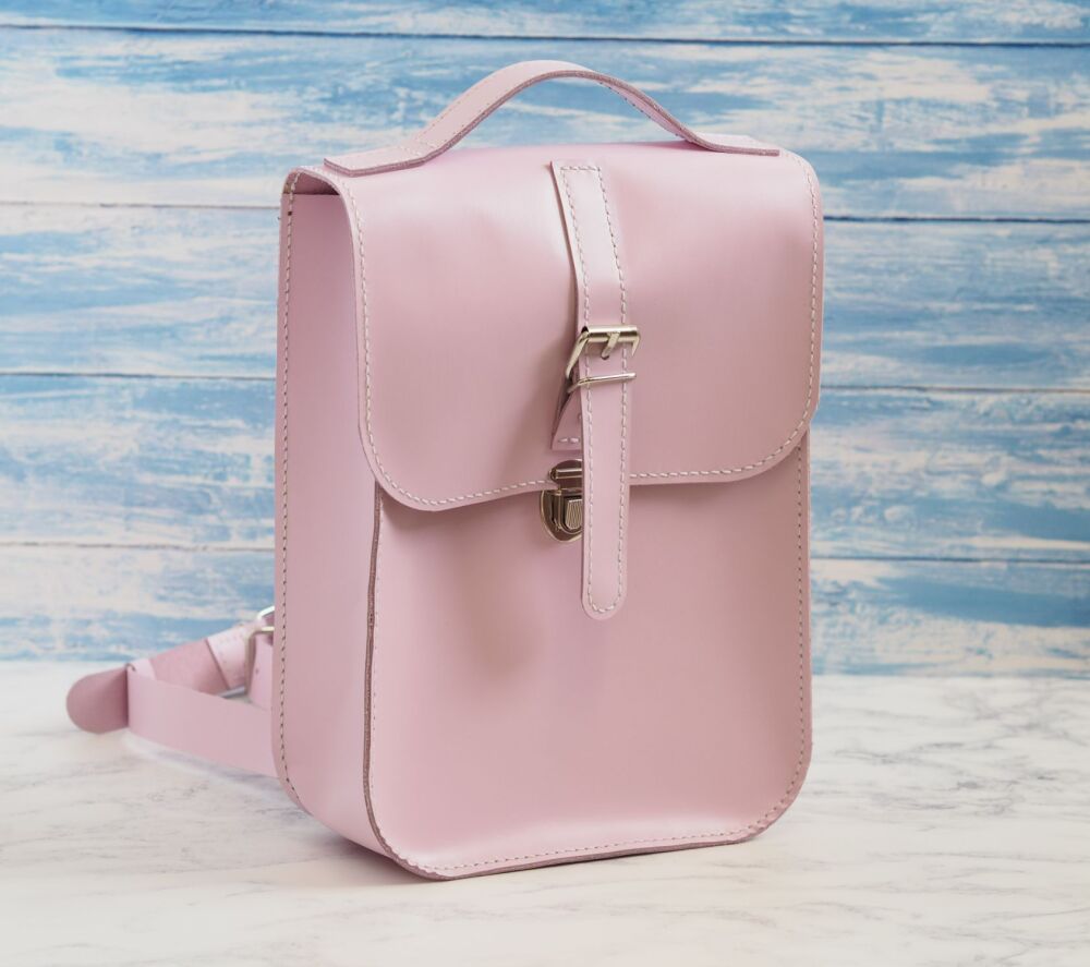 Genuine Hand Stitched Leather Backpack - Pastel Pink
