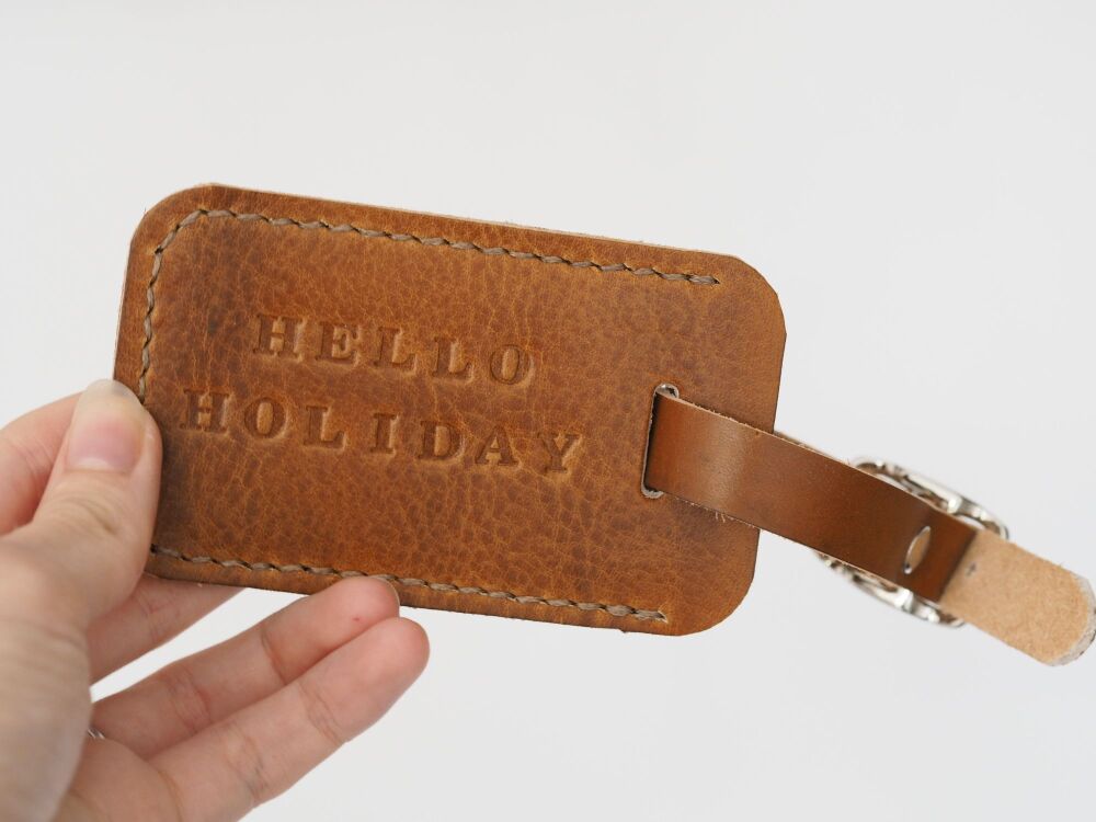 Genuine Leather Handmade Luggage Tag - Tan Brown & Cream