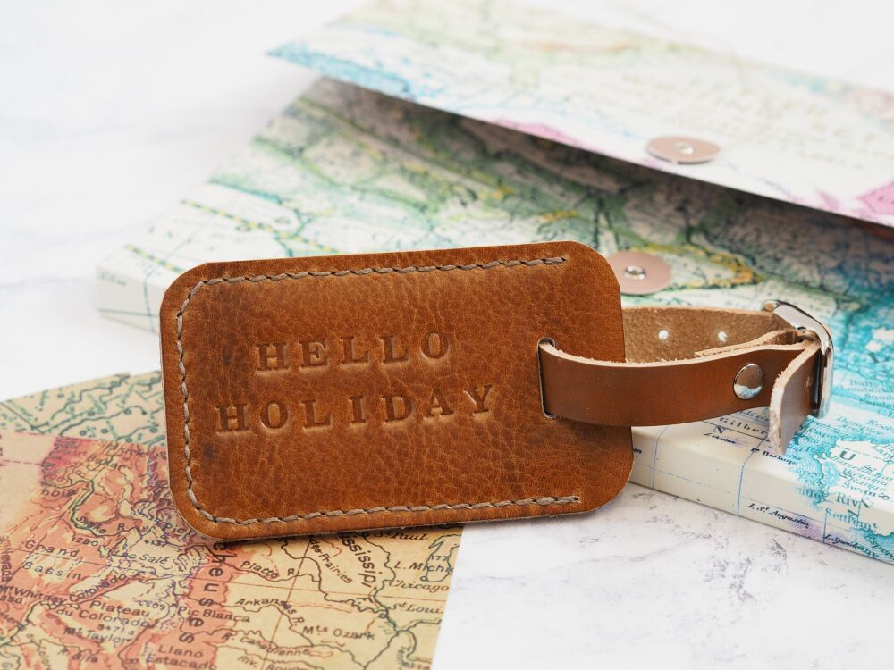 Genuine Leather Handmade Luggage Tag - Tan Brown & Cream
