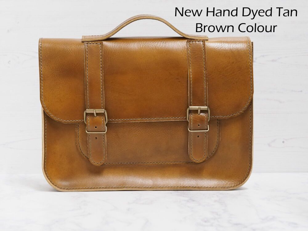 Genuine Hand Stitched Leather Messenger Bag - Hand Dyed Tan Brown