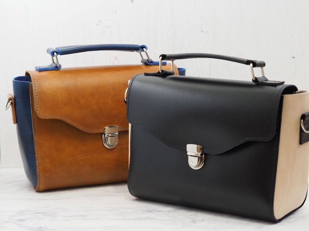 Genuine Hand Stitched Leather Jolie Bag - Black & Cream