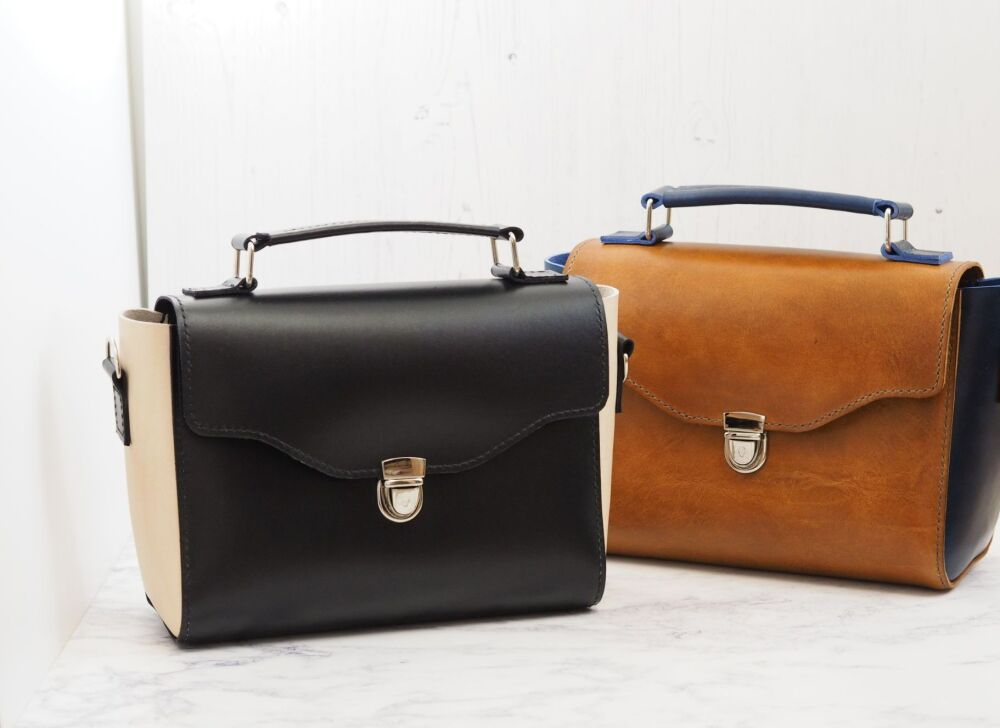 Genuine Hand Stitched Leather Jolie Bag - Black & Cream