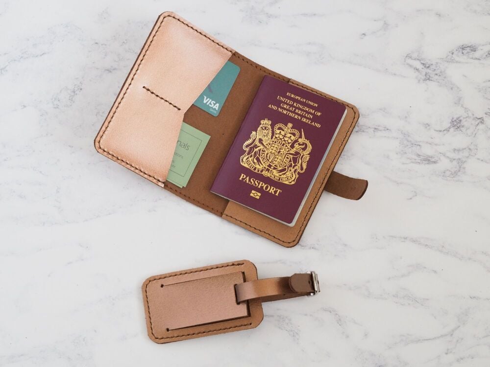 Genuine Leather Handmade Passport Holder & Luggage Tag Gift Set - Bronze