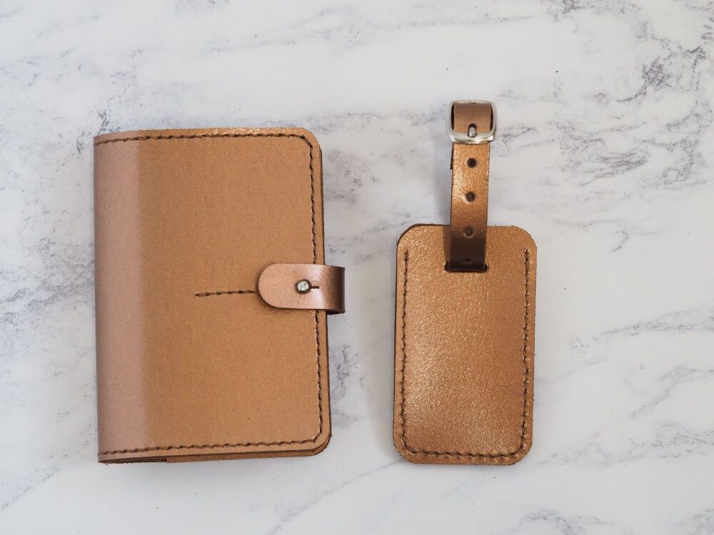 Genuine Leather Handmade Passport Holder & Luggage Tag Gift Set - Bronze